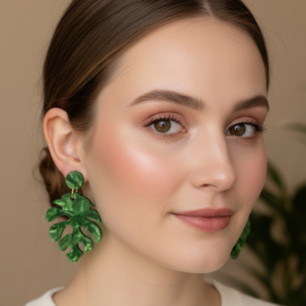 Monstera leaf dangle earrings. Length 6 cm, width 4 cm. Vibrant green